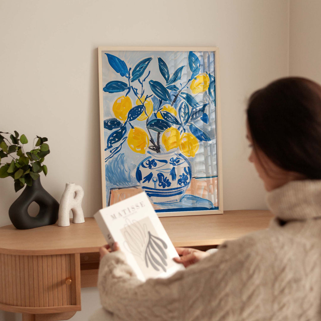 Lemon Burst in Blue Vase